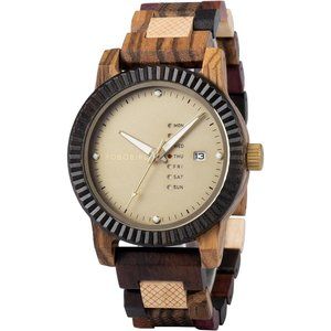 Mens Wooden Watch Analog Quartz with Week Handmade Wood Wrist Watch - Gold